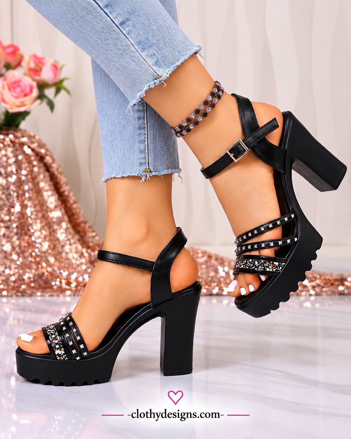 Women’s Vintage Rivet Wedge Sandals – Platform High Heels with Ankle Buckle